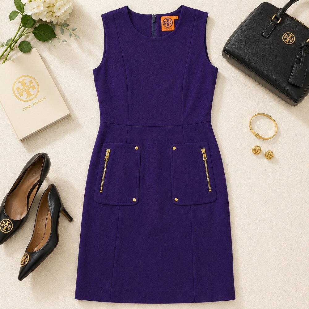 Tory Burch Petra Purple Sleeveless Sheath Dress Wool Blend Gold Hardware Size 12 - Picture 2 of 14